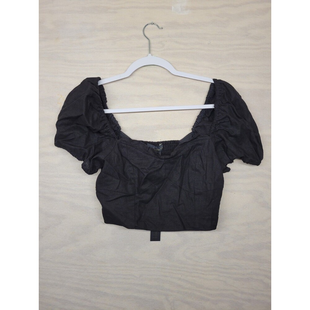 House of Harlow 1960 Woman's SZ 2 Crop Top Puff Sleeves Stretch Linen Black New
